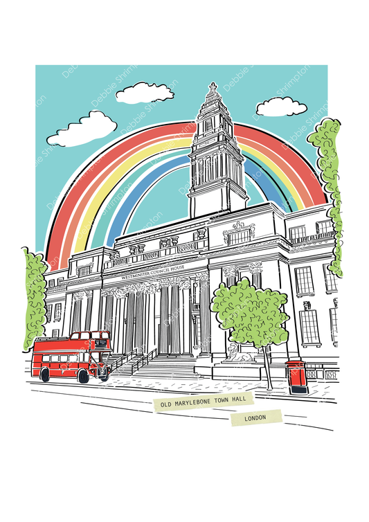 Old Marylebone Town Hall with Rainbow Framed Illustration