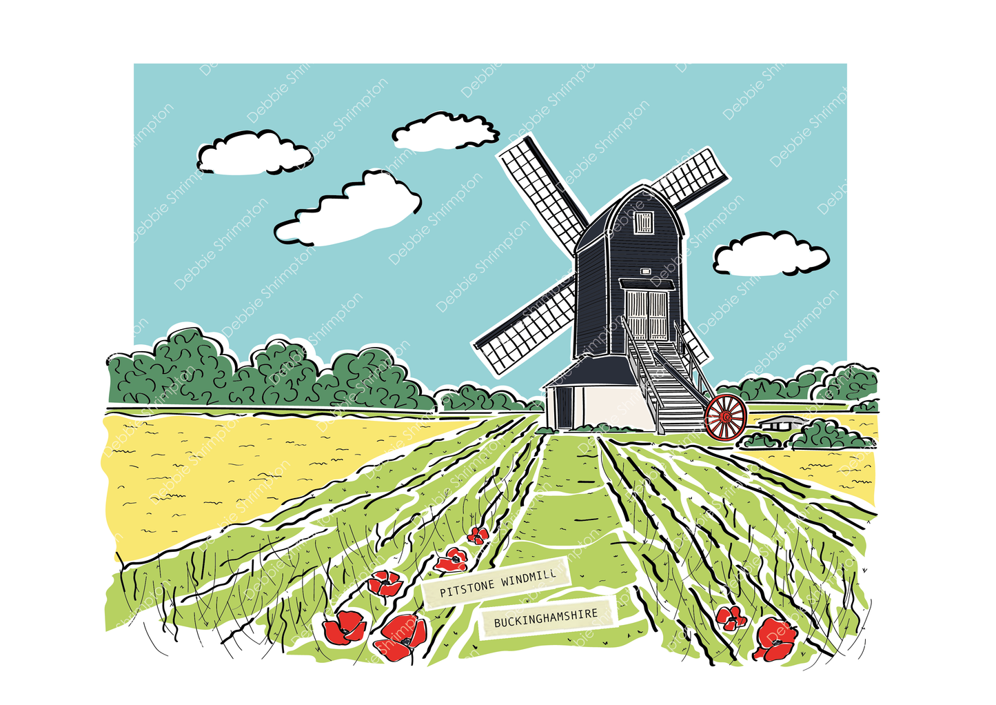 Pitstone Windmill Landscape Framed Illustration