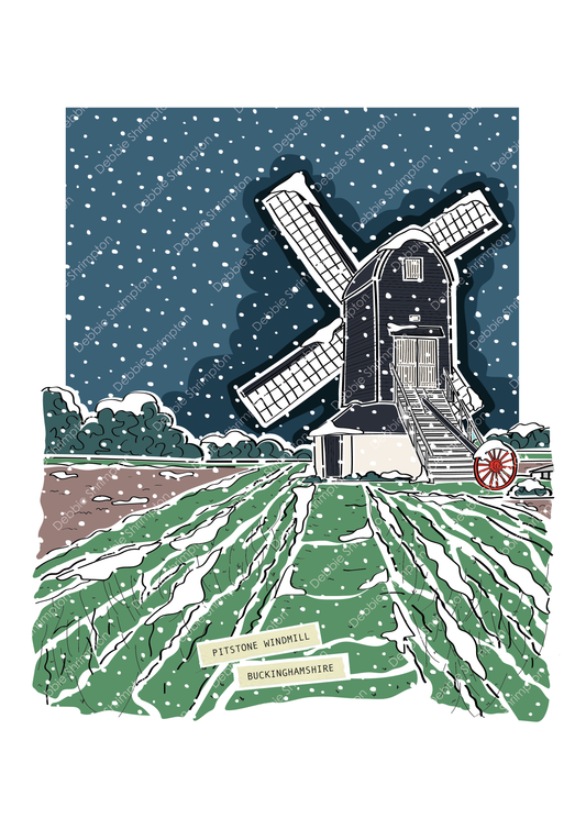 Pitstone Windmill Winter Snow Framed Illustration