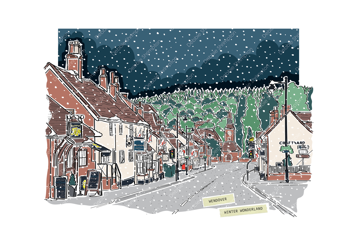 Wendover High Street Winter Framed Illustration