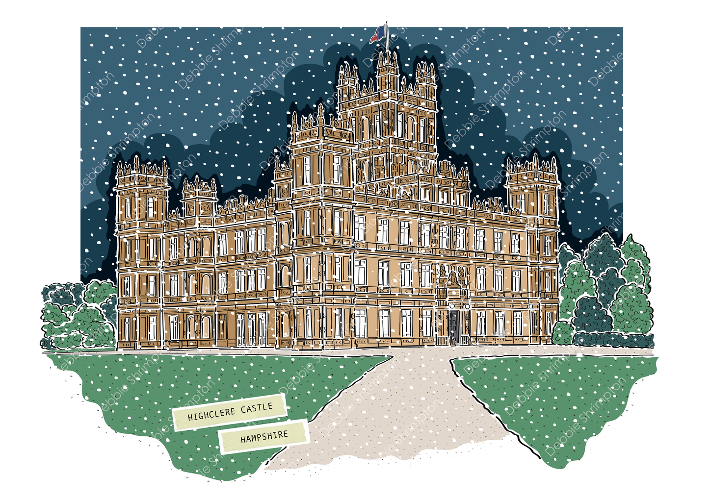 Highclere Castle, Downton Abbey Winter Framed Illustration
