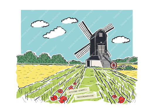 Pitstone Windmill Landscape Framed Illustration
