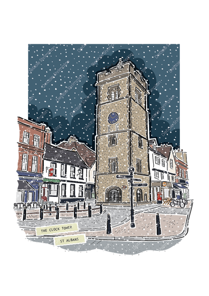 The Clock Tower St Albans Winter Framed Illustration
