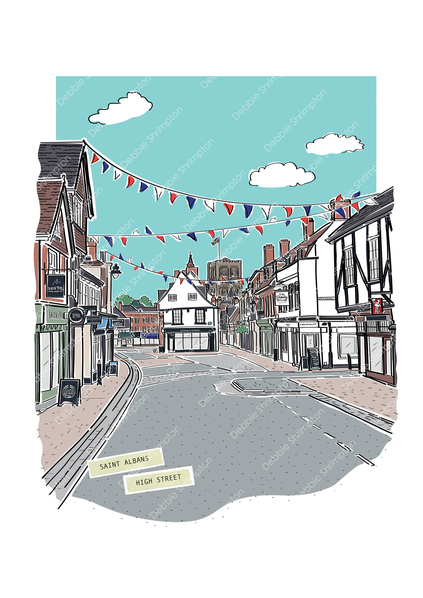 St Albans High Street Portrait Framed Illustration