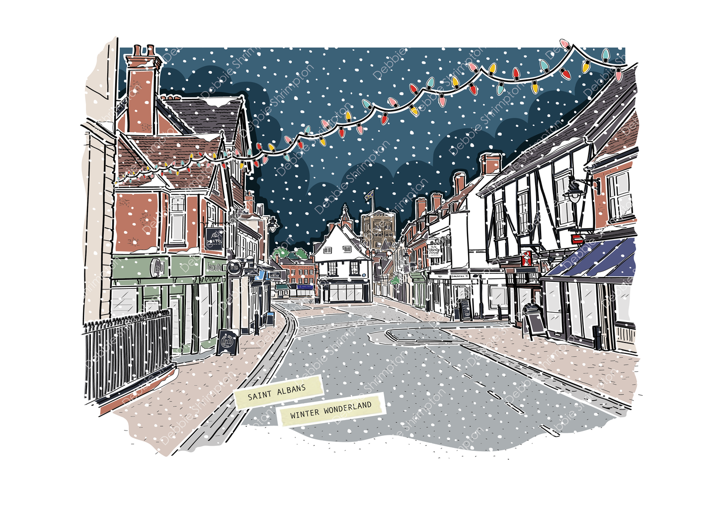 St Albans High Street Winter Wonderland Framed Illustration