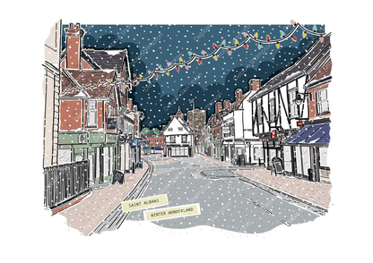 St Albans High Street Winter Wonderland Framed Illustration